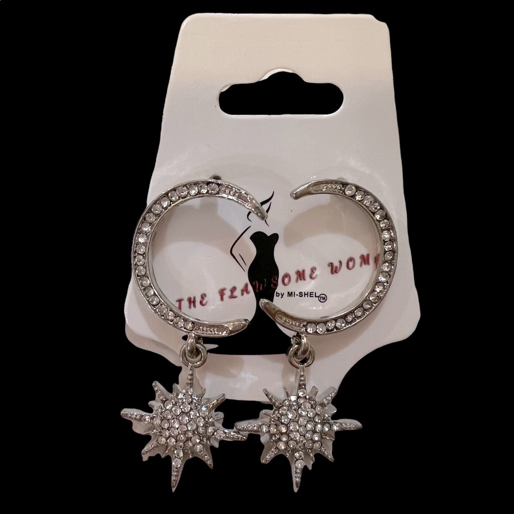 SILVER CRYSTAL HALF MOON WITH DANGLING STARBURST EARRINGS